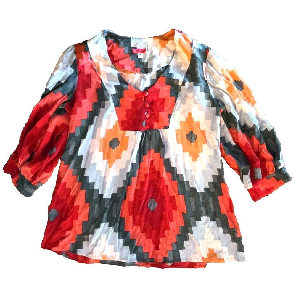 Size Medium Bianca Coletti Geometric Orange Blouse Top Pullover 3/4 Sleeve